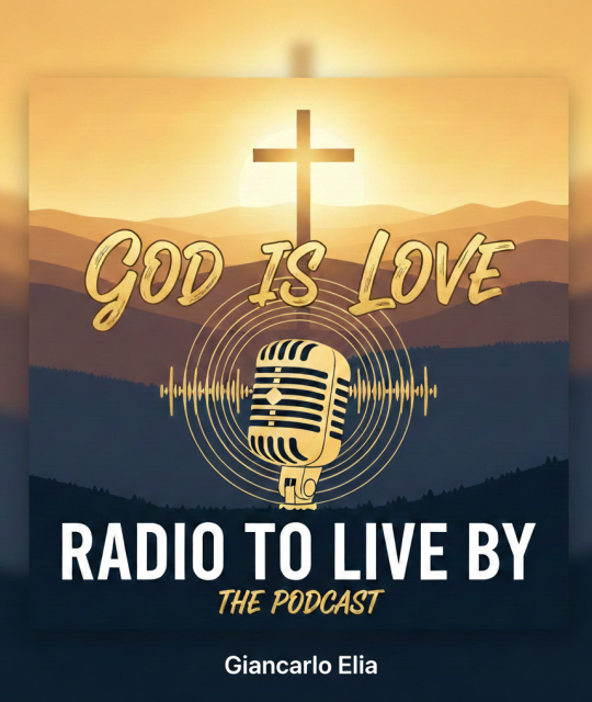 Image of across and a radio microphone with text Radio To Live By podcast Giancarlo Elia