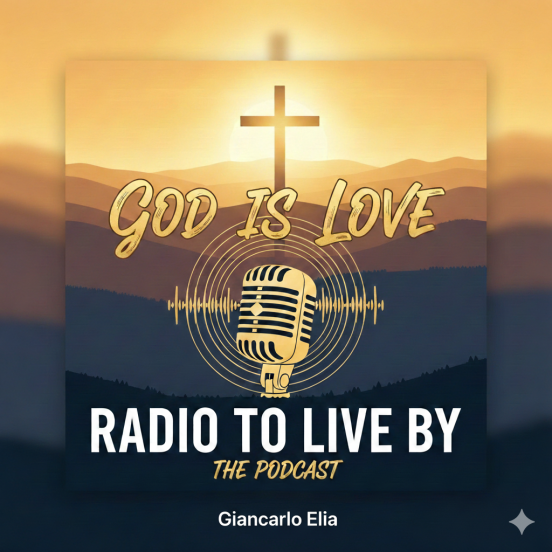 Image of across and a radio microphone with text Radio To Live By podcast Giancarlo Elia