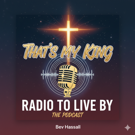 Image of a cross and a radio microphone with title of show being That's My King and presenter being Bev Hassall