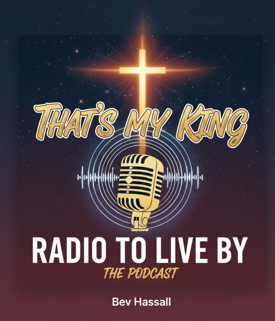 Image of a cross and a radio microphone with title of show being That's My King and presenter being Bev Hassall
